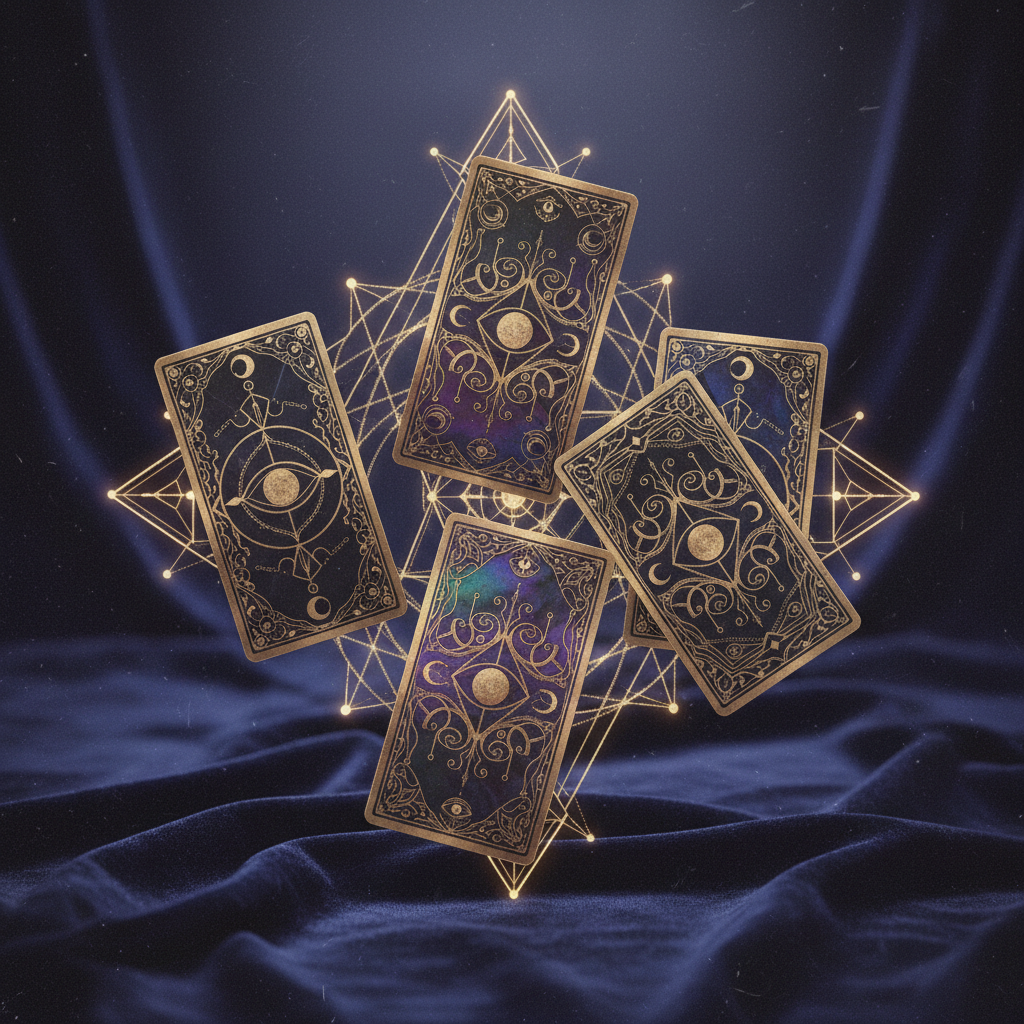 Tre carte dei tarocchi illuminate da un'aura viola