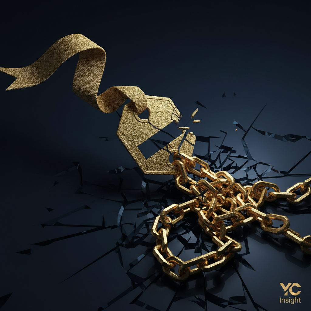 Gold loyalty ribbon transforming into chains — sunk cost as loyalty