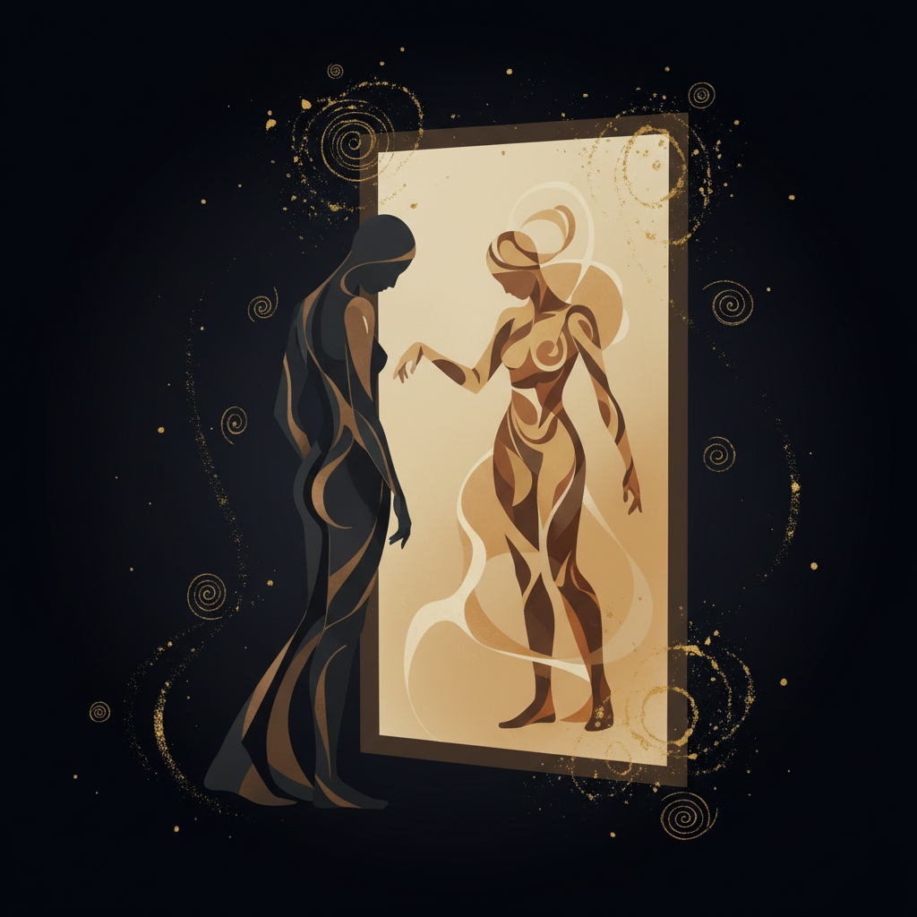A silhouette facing a mirror with a slightly different reflection — the split between who we are and who we decide to be