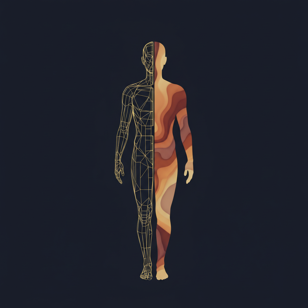 A human silhouette split into orderly and organic halves — the internal division we bring to every decision
