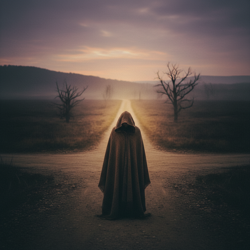 A single figure at a crossroads looking forward — every decision is a step toward who we become