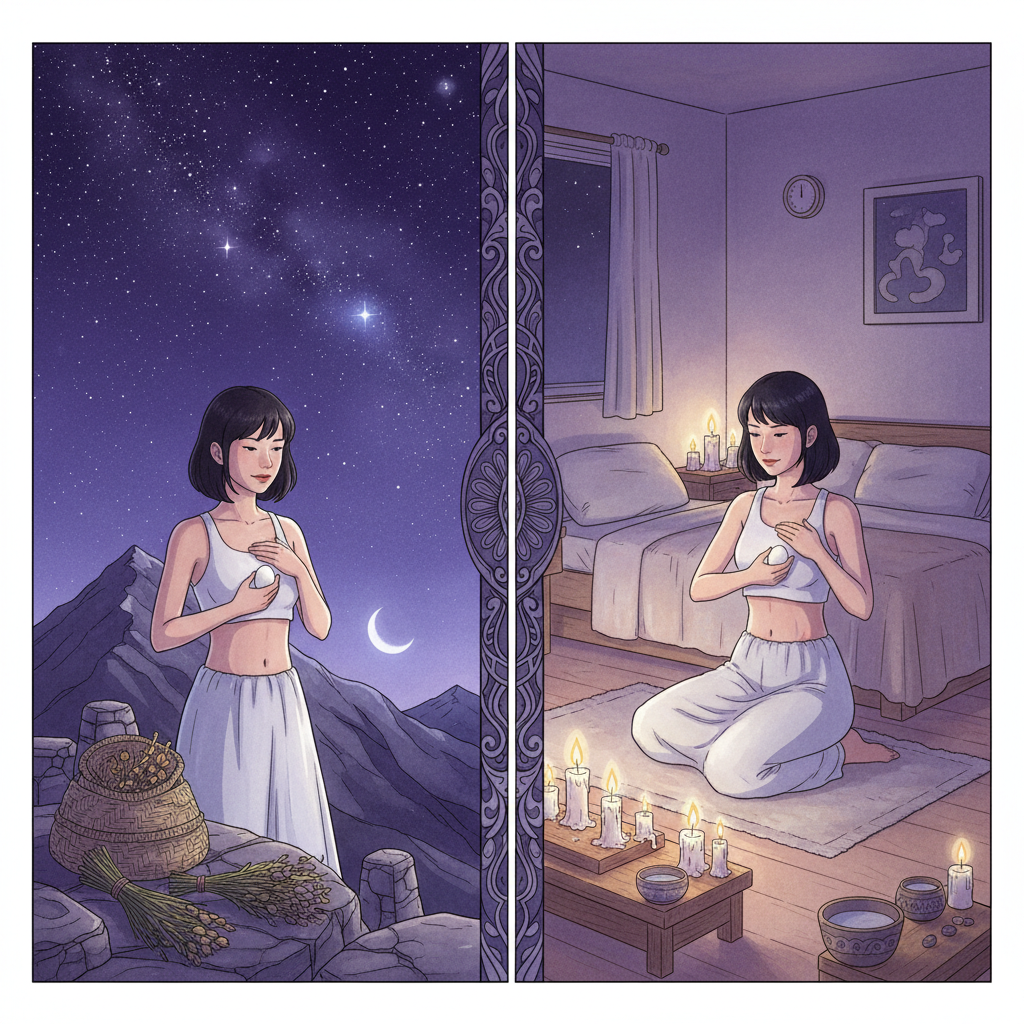 Weekly egg cleansing ritual — traditional and modern home practice side by side