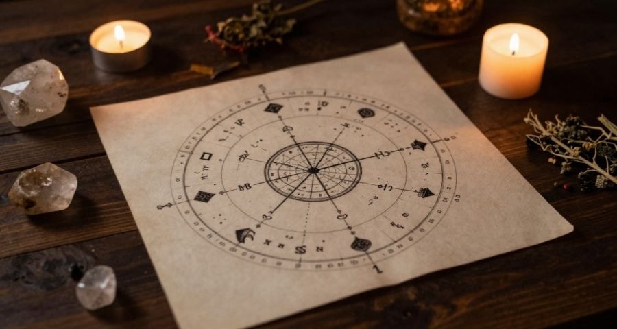 A detailed astrology natal chart wheel with planets and houses glowing
