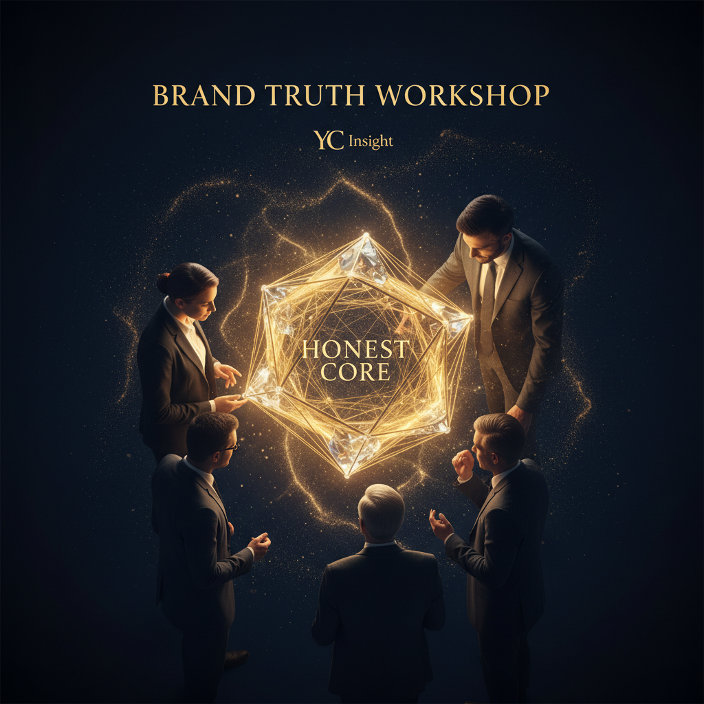 Brand truth workshop — stakeholders gathered around the honest core