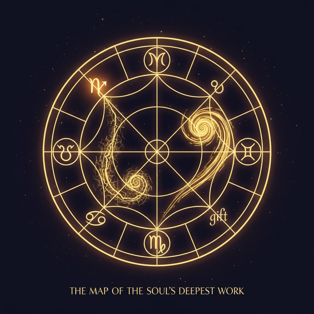 Birth chart wheel with Chiron glowing gold — the map of the soul's deepest work