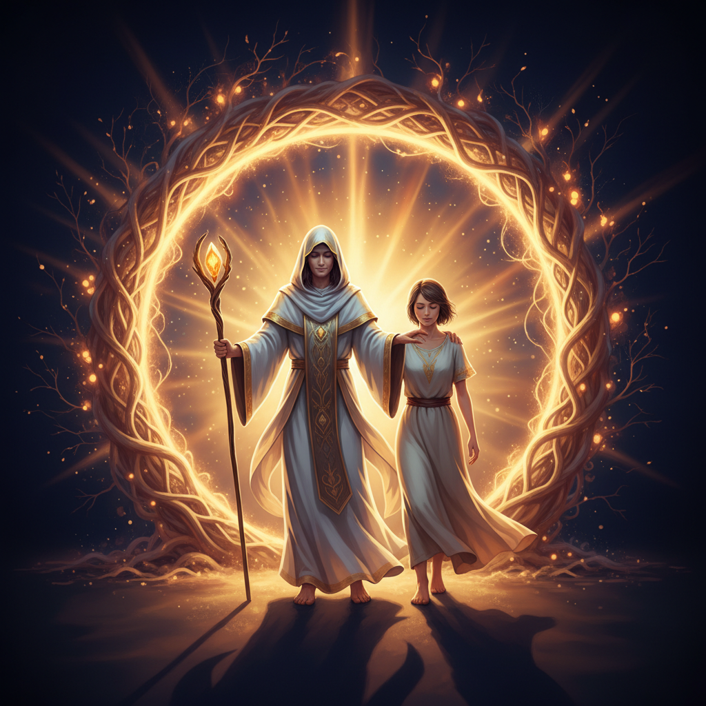 A healer guiding another through a luminous doorway — knowing the path from the inside
