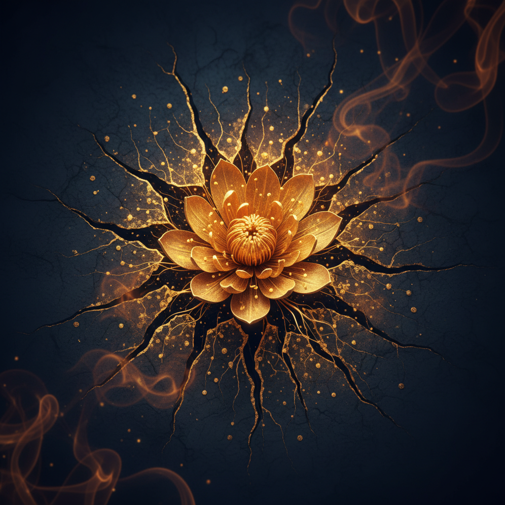 A wound transforming into a golden flower — the gift emerging from the place of deepest pain