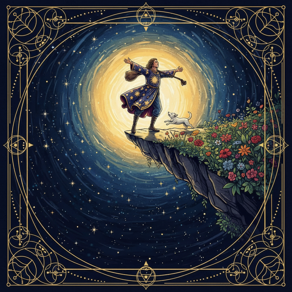 The Fool stepping joyfully into golden dawn light — the courage to begin
