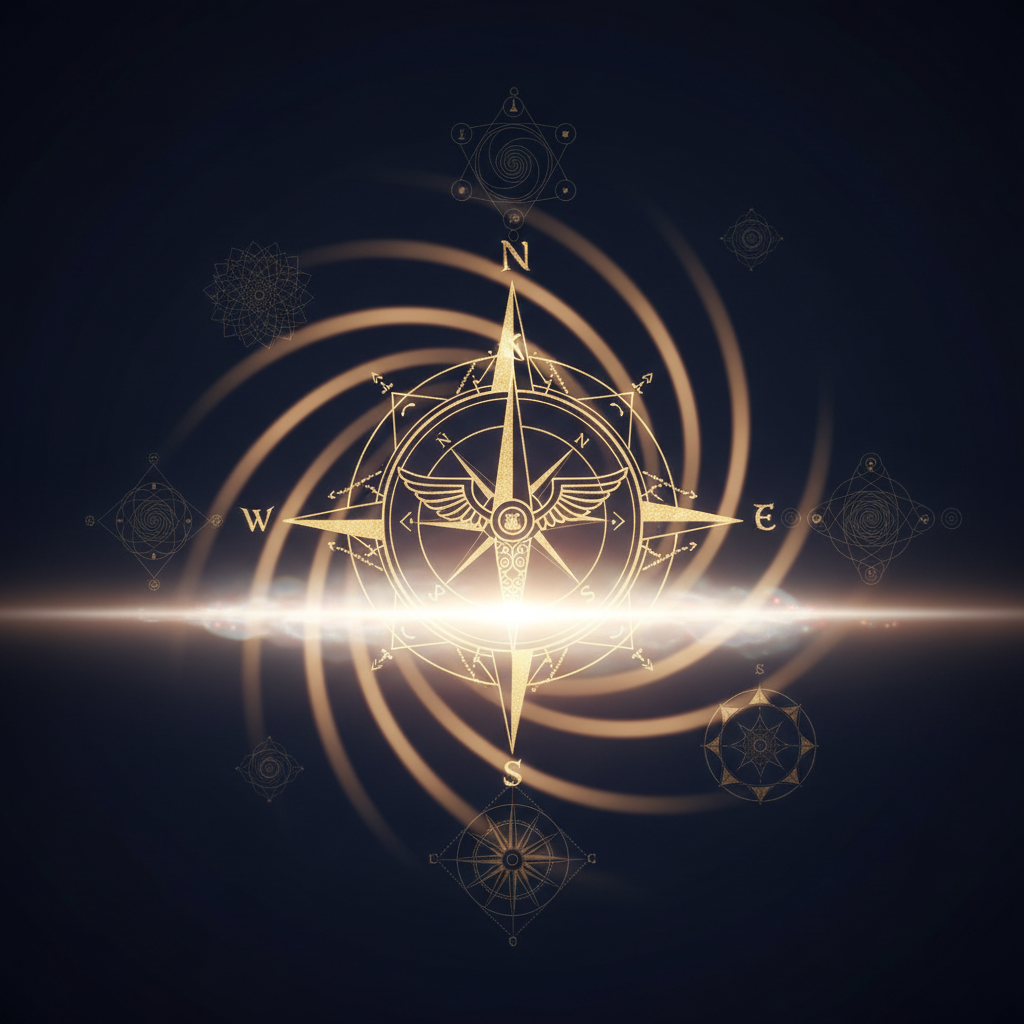 Golden compass pointing toward a luminous horizon — direction emerging from trust