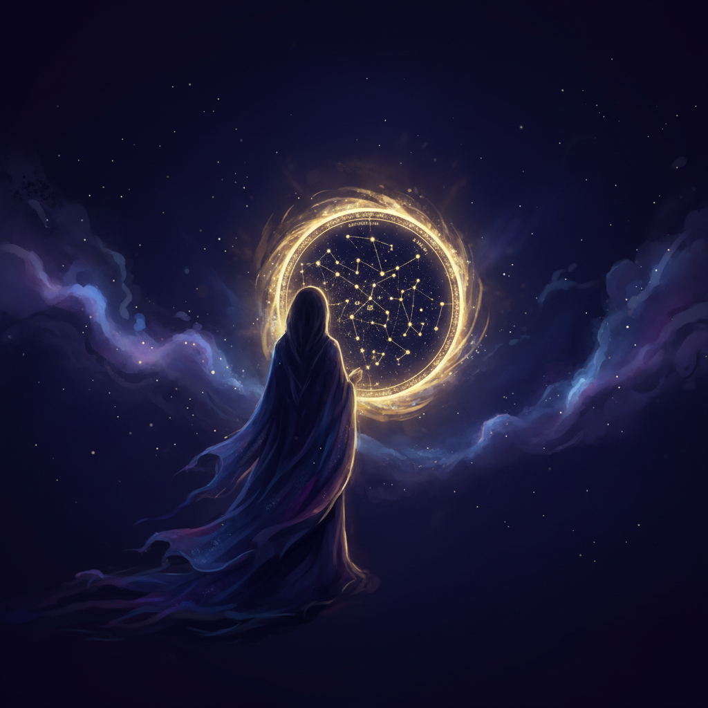 Luminous mirror in deep space reflecting a natal chart — clarity and self-recognition