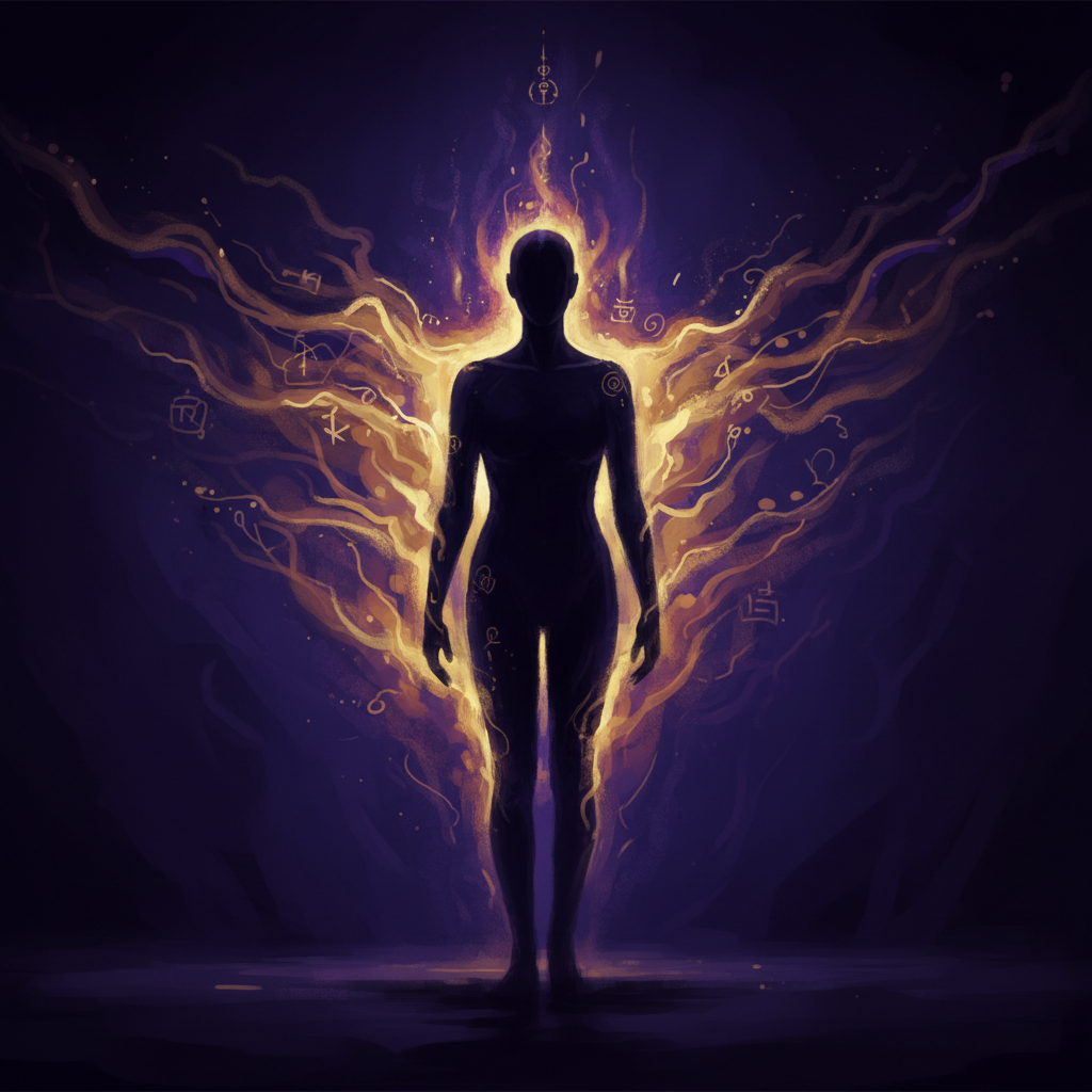 A luminous shadow — the shadow glows gold and violet, inner teacher and wisdom