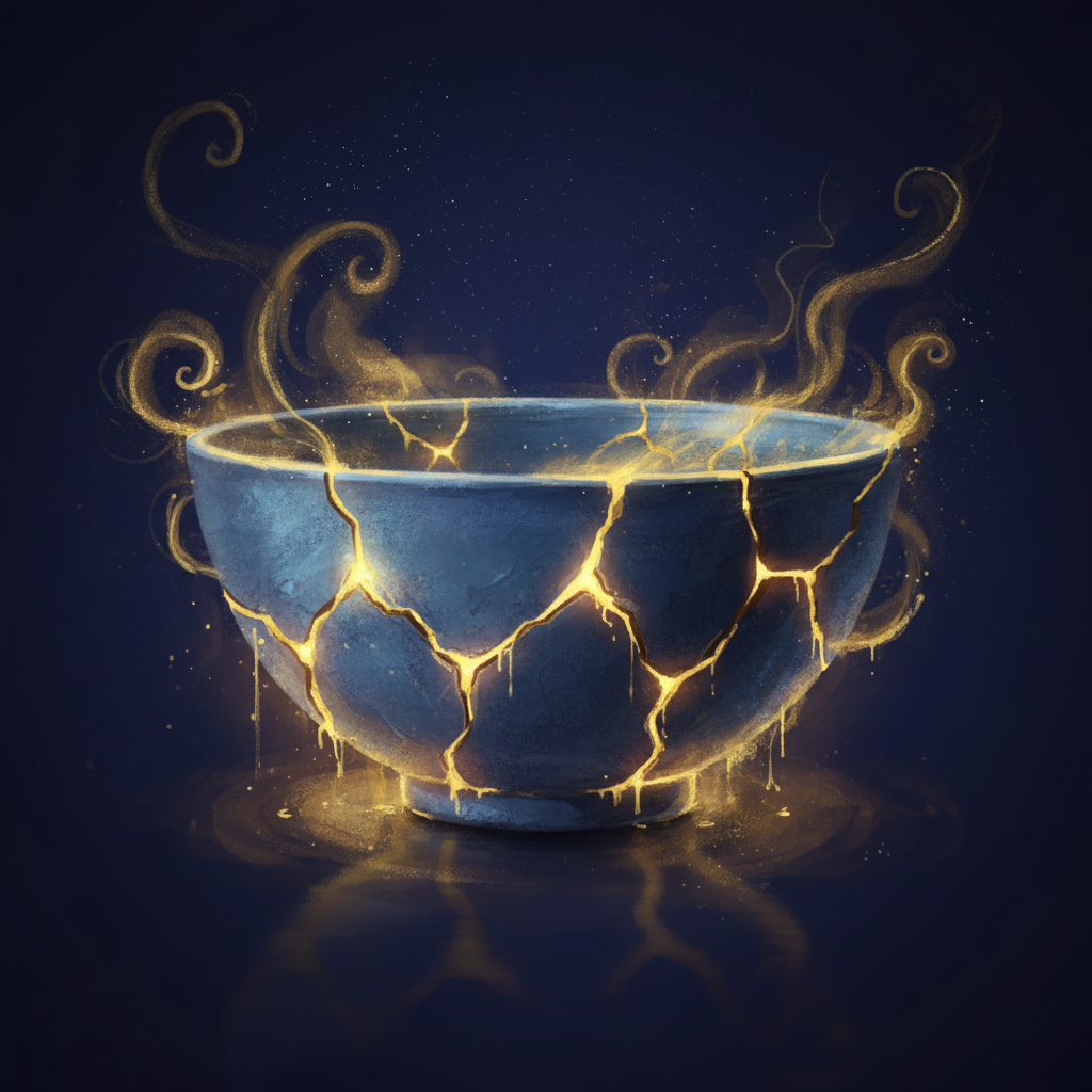 Kintsugi vessel cracking open with brilliant golden light — breaking open not breaking down