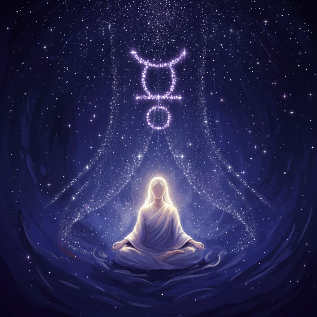 A lone figure in sacred solitude surrounded by violet stars — the 12th house, inner treasure