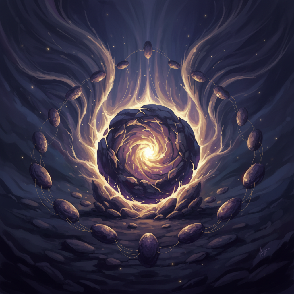 Luminous stone glowing from within — weight transformed into gift, burden becoming wings