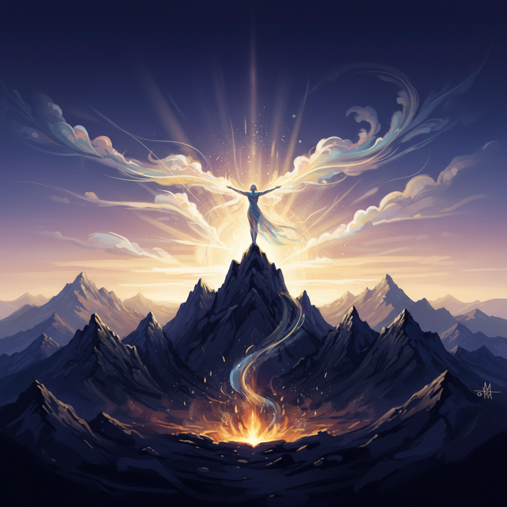 Dawn breaking over dark mountains — hope after darkness, the forge complete