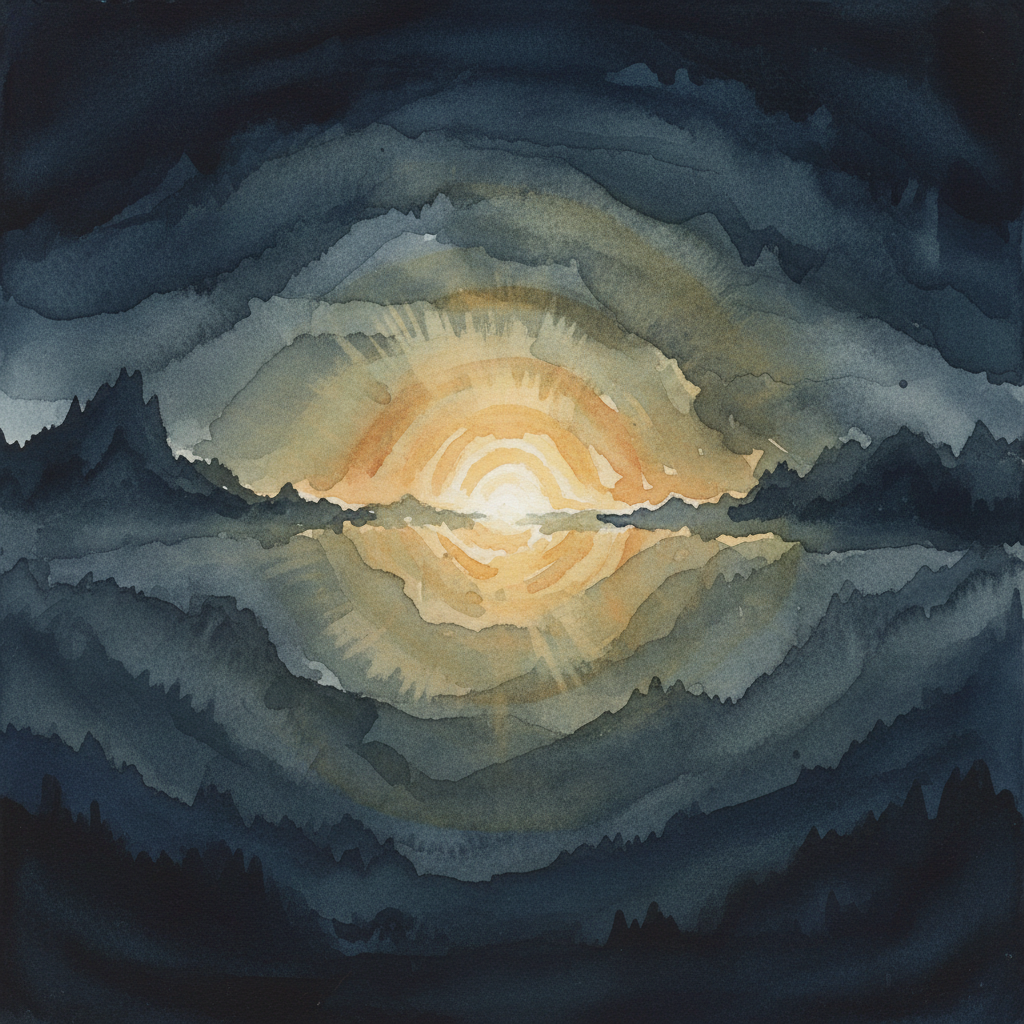 Soft golden light emerging from deep navy darkness — quiet awakening, hopeful and revelatory
