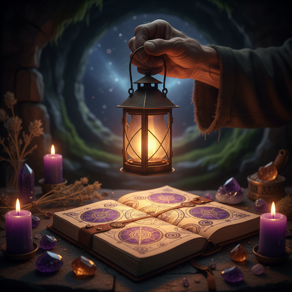 Hermit lantern casting warm gold light on journal pages