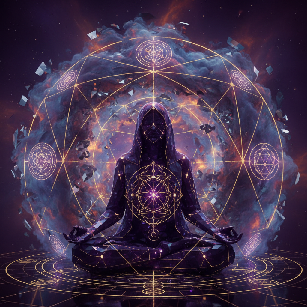 Figure in complete stillness surrounded by swirling noise