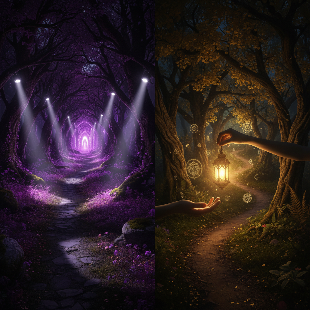 Two paths — one lit by external spotlights, one by a single inner lantern