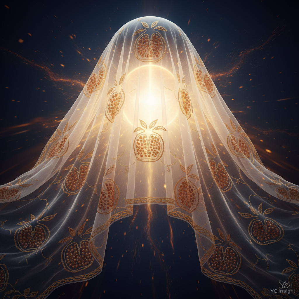 A luminous veil of pomegranates with golden light filtering through — protecting what is not yet ready to be seen