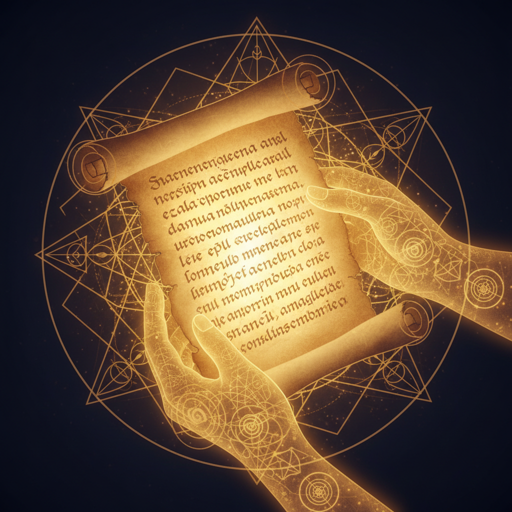 An ancient scroll glowing with golden light — wisdom internalised, not consulted