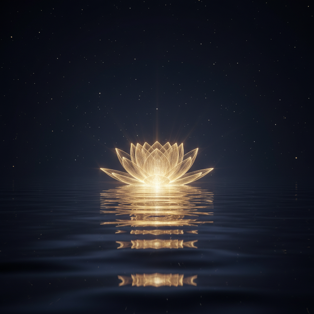Still moonlit water with a glowing lotus — waiting as sacred active practice