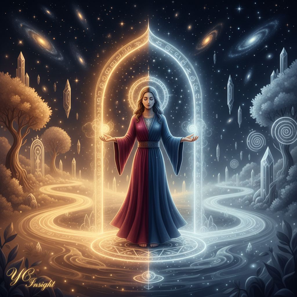 A figure standing in a luminous threshold between two worlds — intuition and knowing
