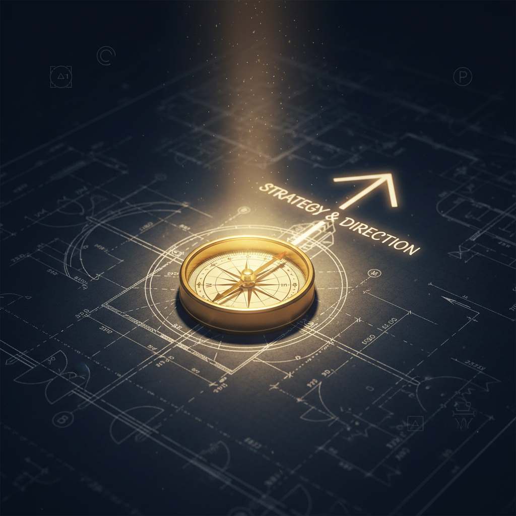 Gold compass on blueprints — direction and clarity emerging from strategic review