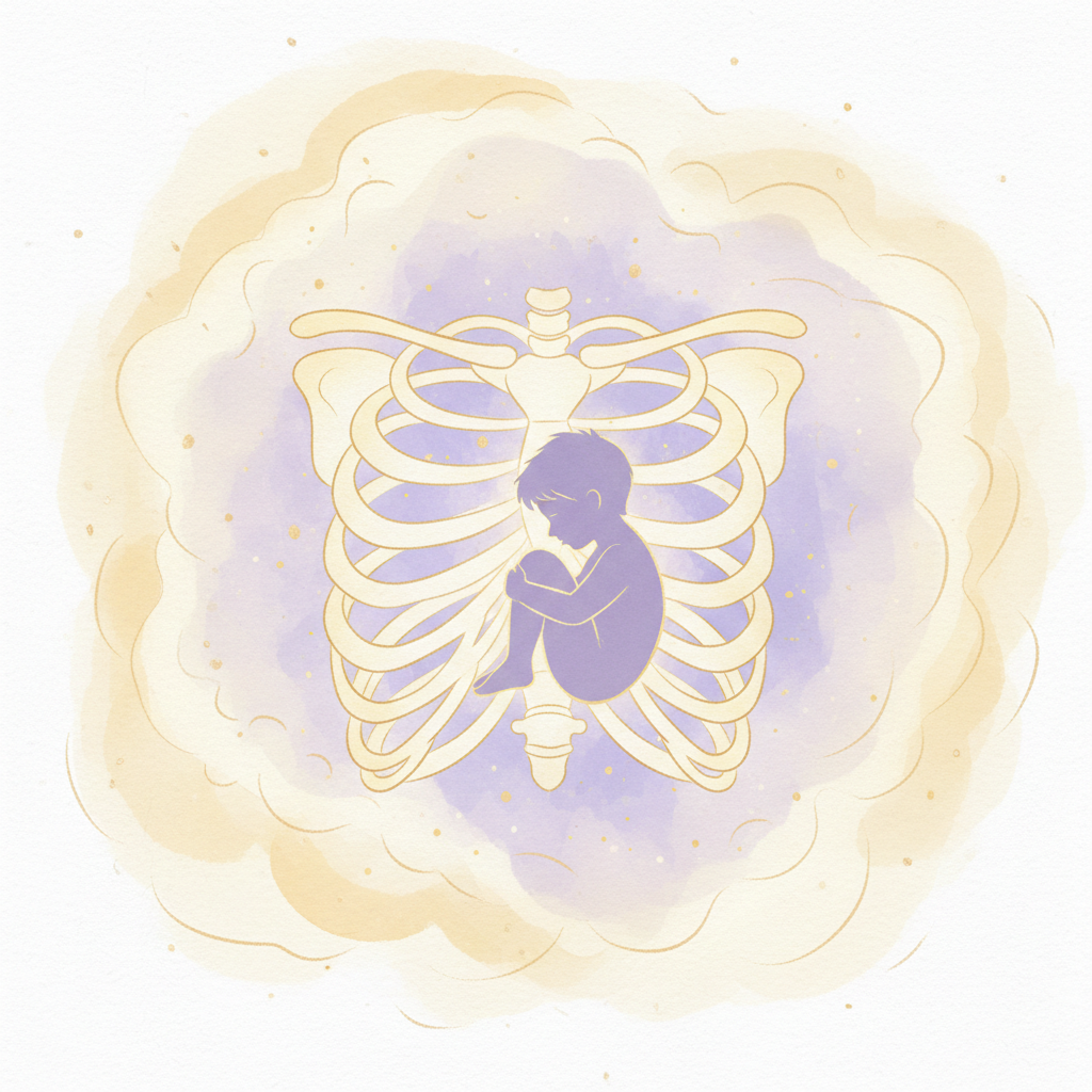 A small child silhouette sitting quietly inside a glowing ribcage — the inner child held safely