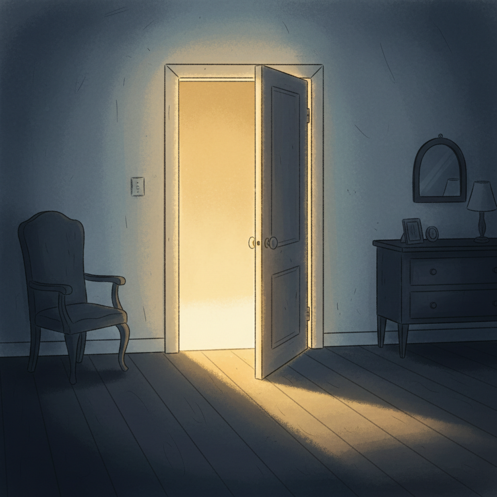 An open doorway with warm light spilling through, seen from a dark quiet room