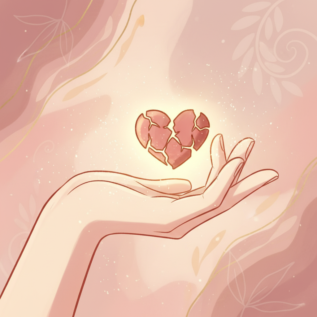 A gentle hand holding a small cracked heart with golden light glowing from the cracks
