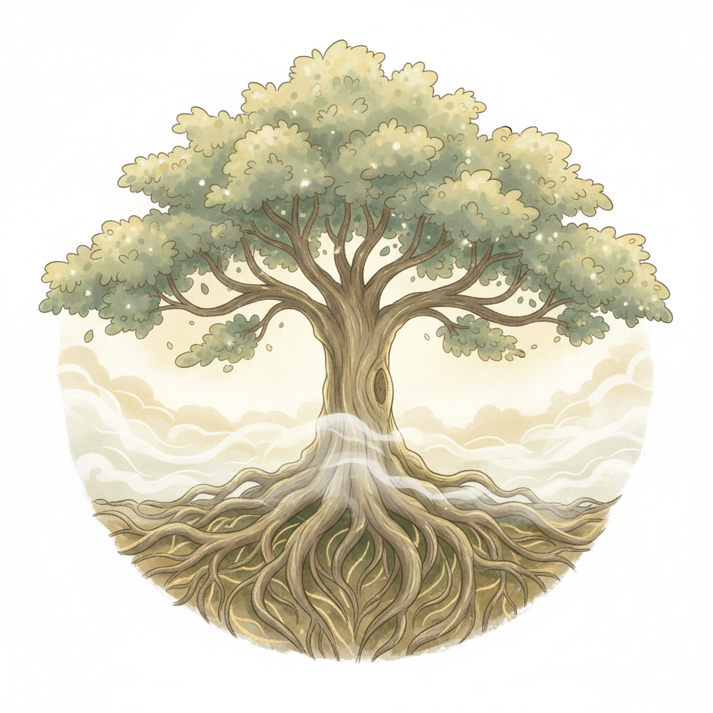 A tree with deep roots and wide branches standing in soft morning mist
