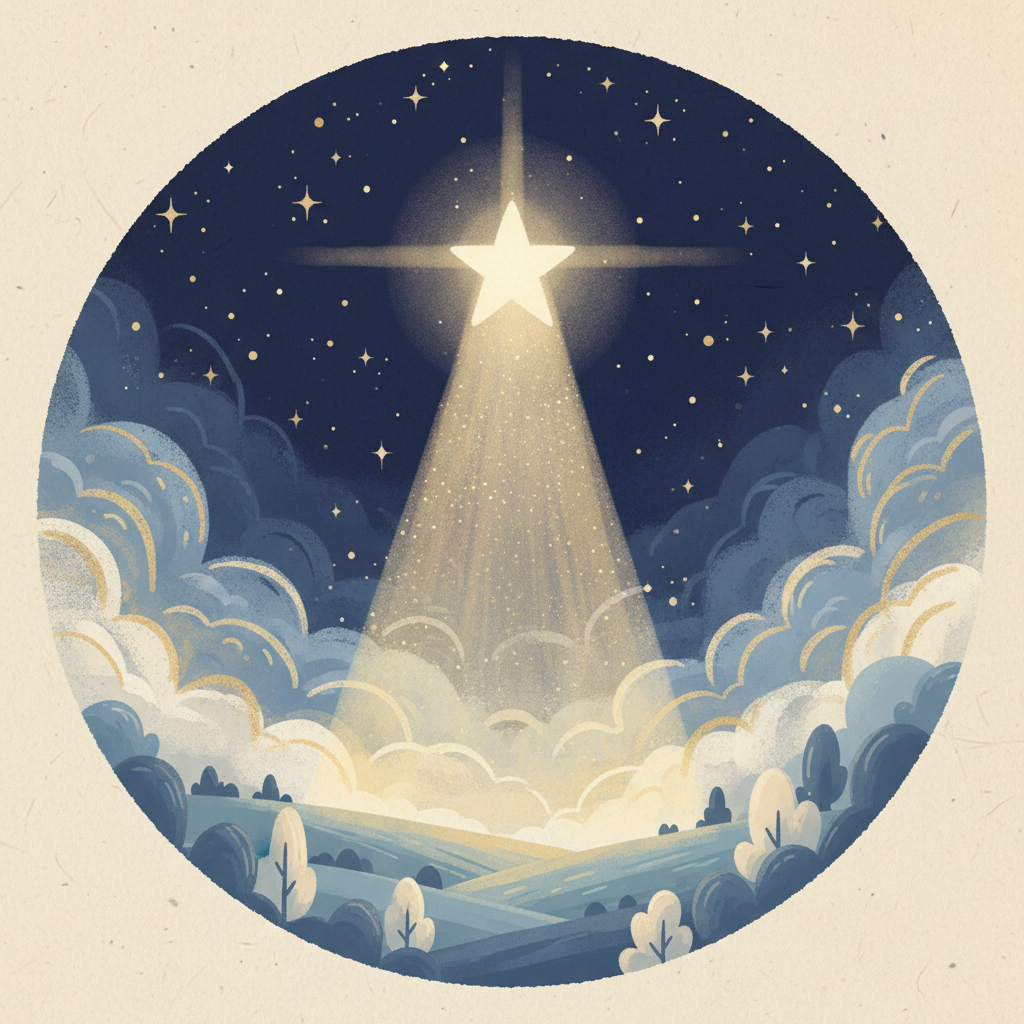 A night sky with scattered stars, one North Star brighter and closer than the others
