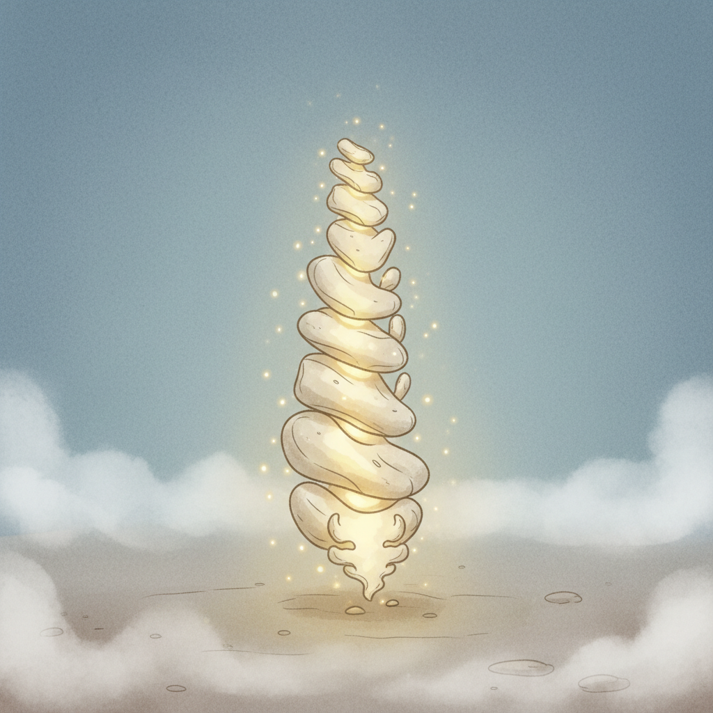 A spine of stacked stones glowing with warm gold light — inner strength and knowing