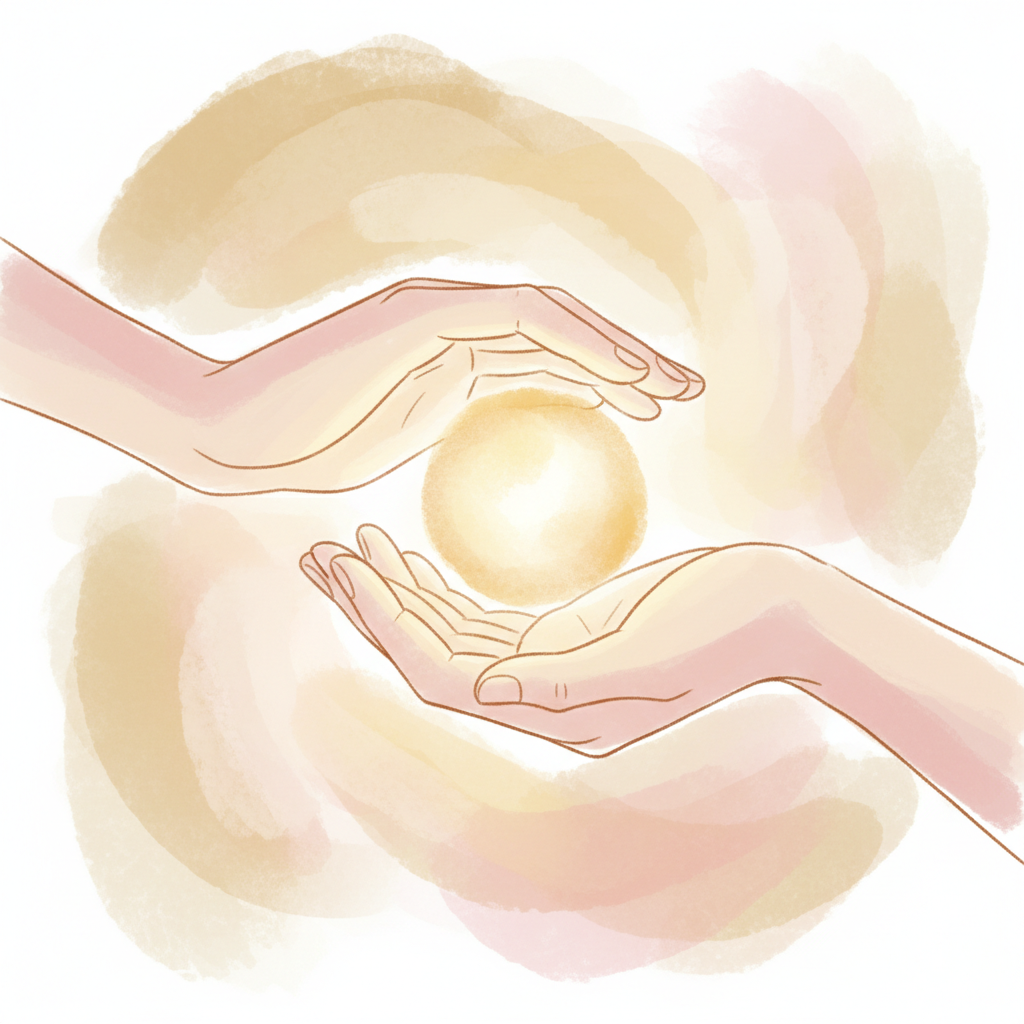 Two open hands carrying a soft glowing light with quiet steadiness — endurance without bitterness