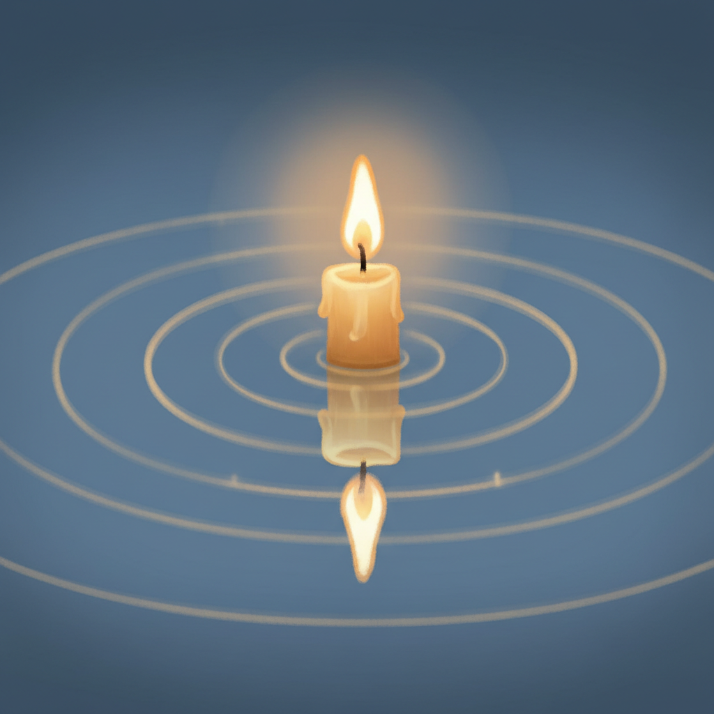 A candle flame reflected perfectly in a still pool of water — recognition and presence