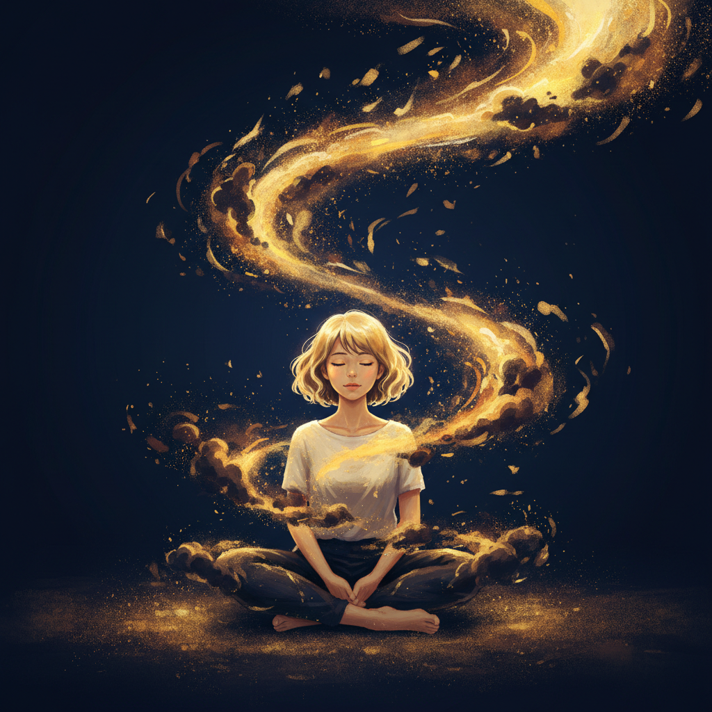 Young woman surrounded by swirling golden light — energetic residue dissolving at dawn