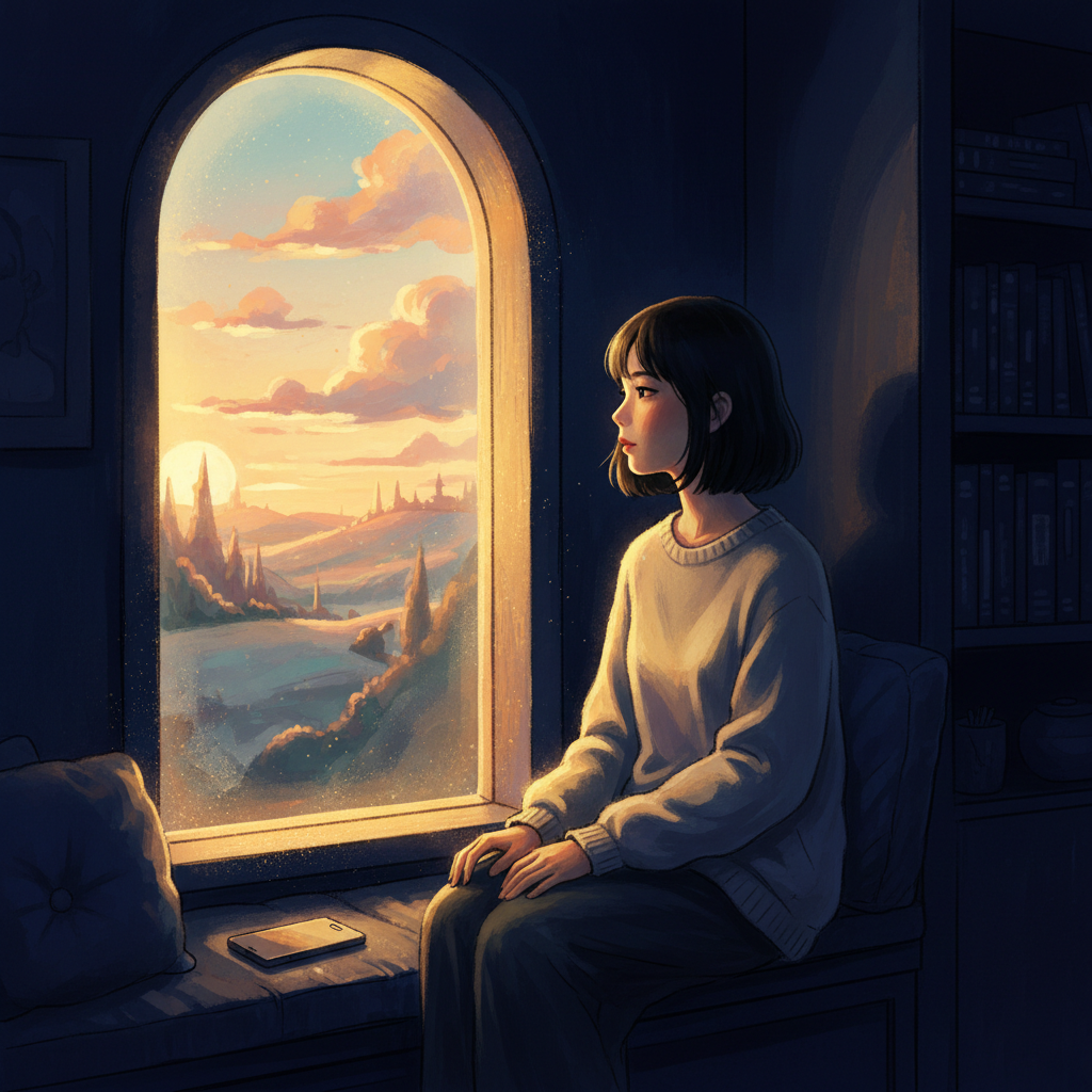 Young woman at a window at dawn, phone face-down, present in the twenty minutes before the world begins