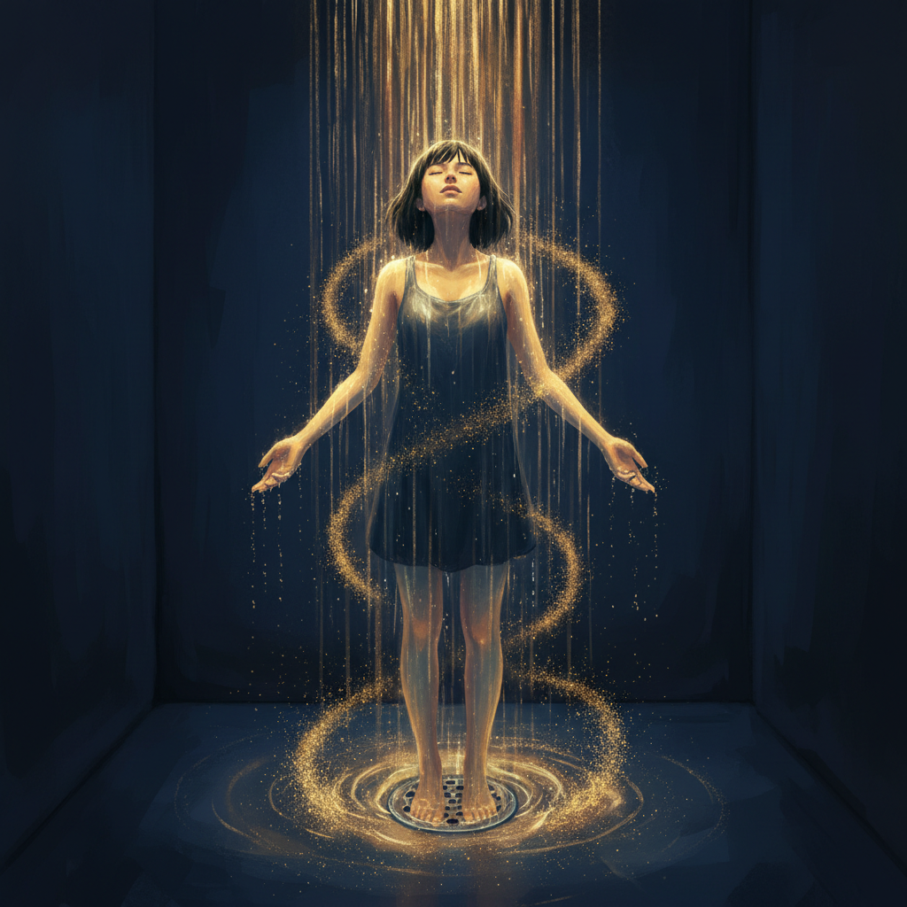 Young woman under a shower of golden light — water as a clearing agent, the Andean limpia