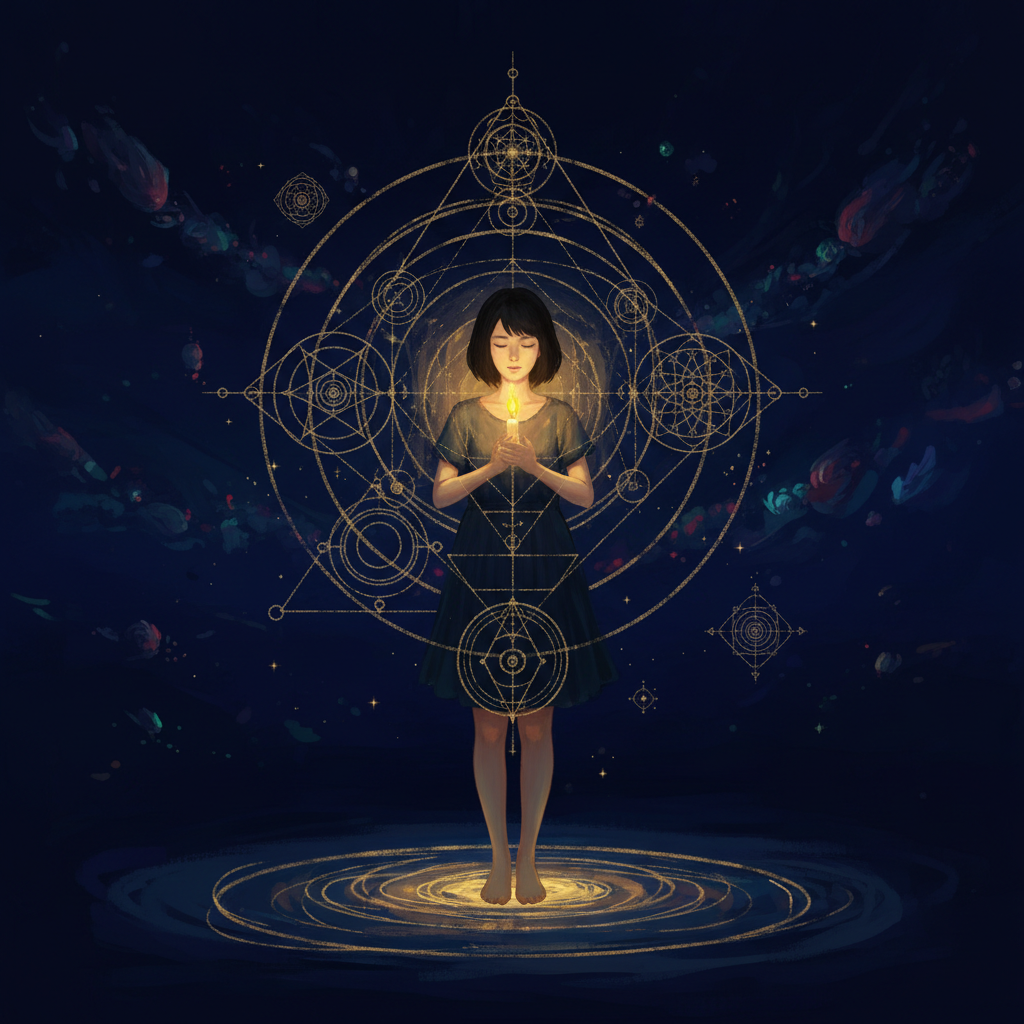 Young woman holding a candle in darkness — the morning already hers, claimed before the world begins