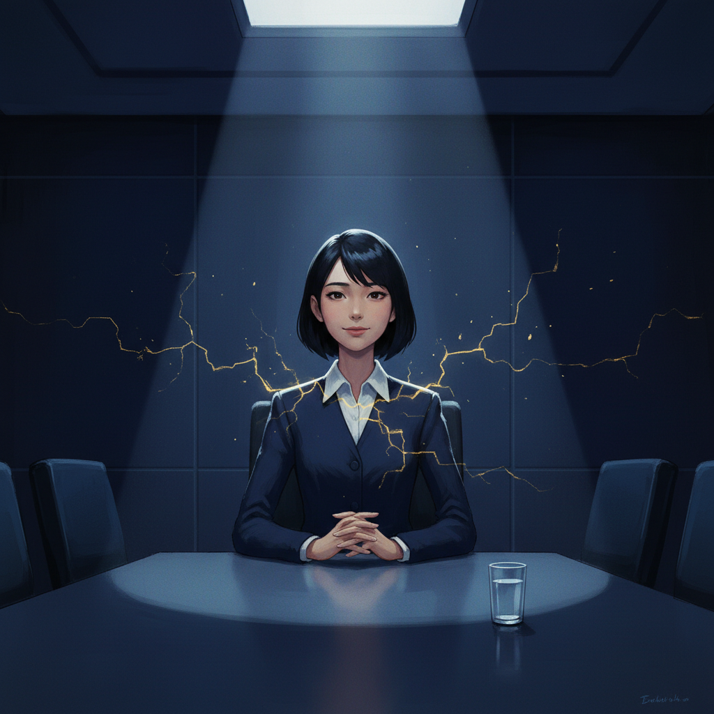 Young woman in a boardroom with cracking composure — the signs that gave the performance away