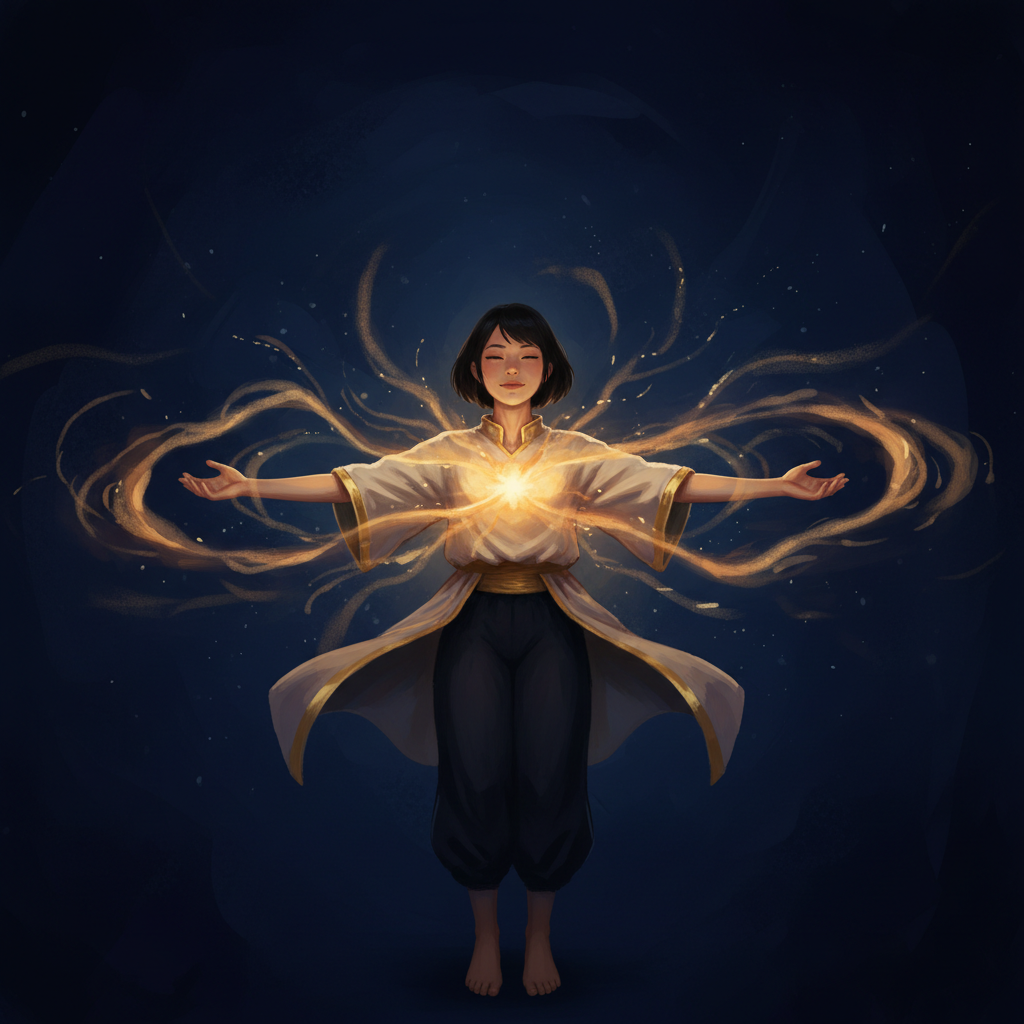 Young woman with golden light radiating from within — grounded confidence, present without performance