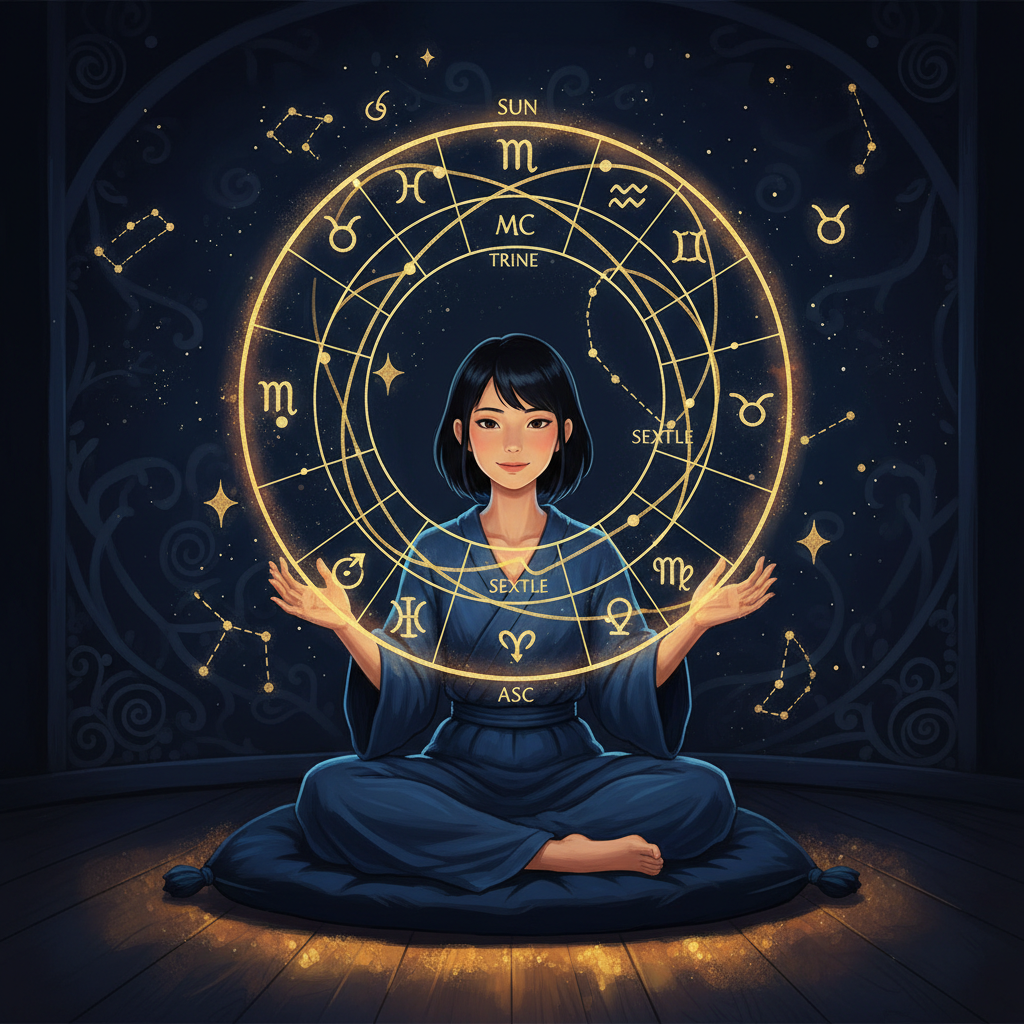 Young woman studying a glowing birth chart — Sun trine Midheaven, the chart as a map not a verdict