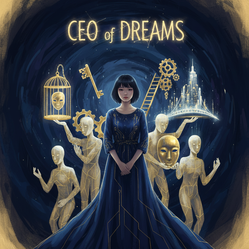 Young woman surrounded by a hollow world built around her performance — things that look successful but are not hers