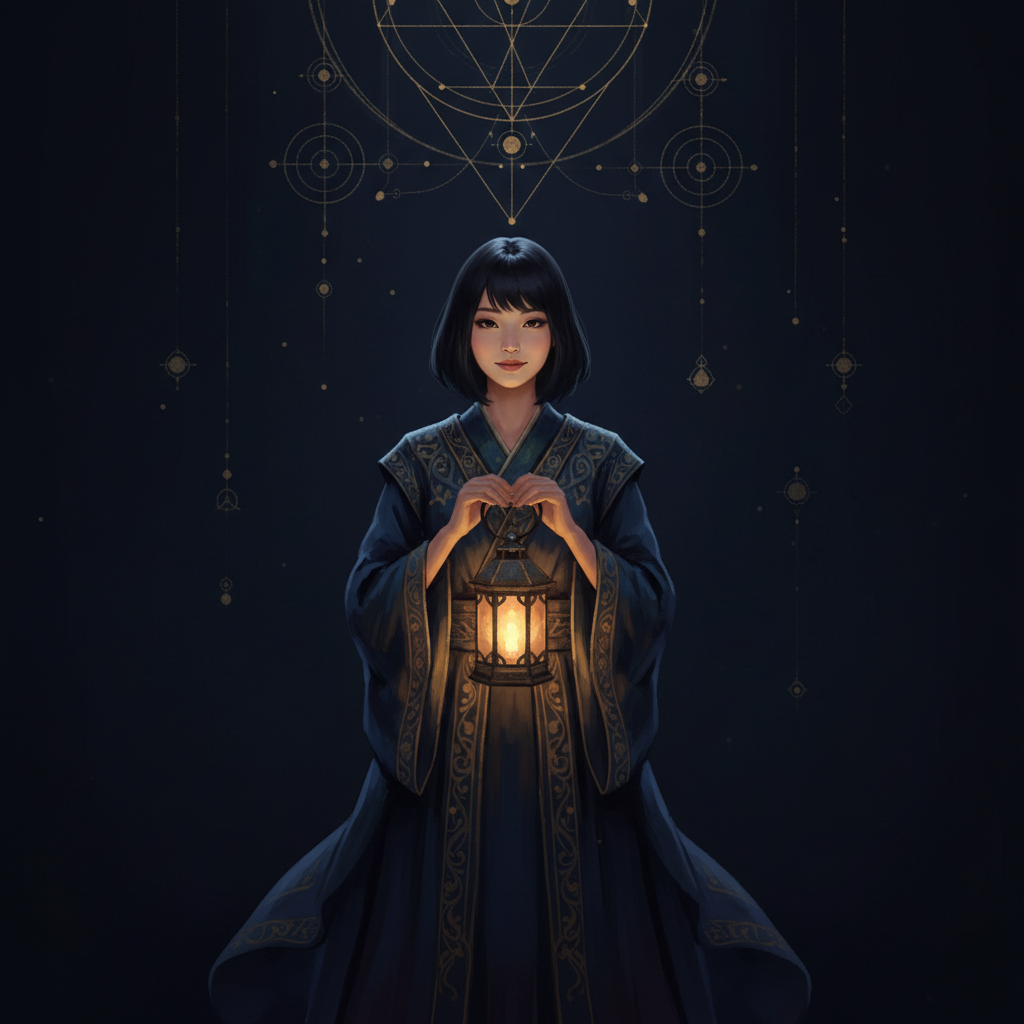 Woman with a lantern in vast darkness — present, free, not defined by what she carries