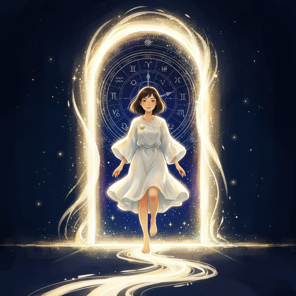 Glowing zodiac wheel at the horizon — the ascendant degree blazing in gold at the moment of birth