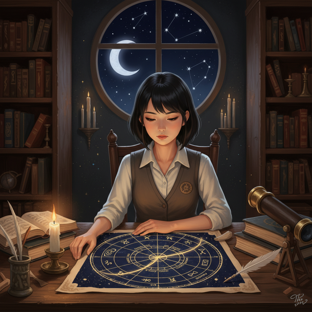 A woman with Capricorn rising — composed, assessing, already steadying the room before anyone has asked