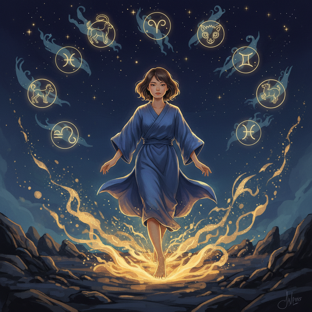 A figure grounded in darkness, gold light rising from beneath — the rising sign as arrival, not costume