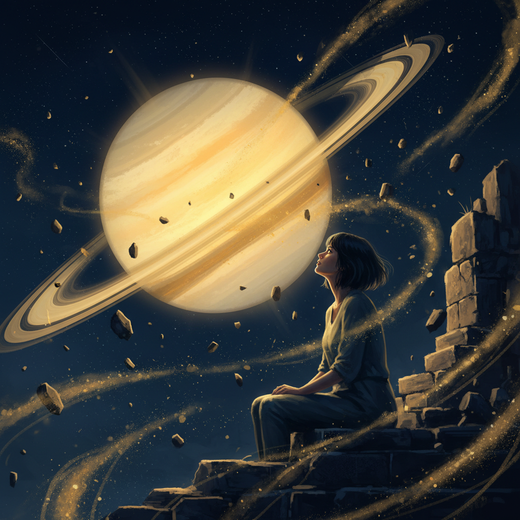 Young woman watching as city, career, identity dissolve into golden dust — the Saturn Return dismantling