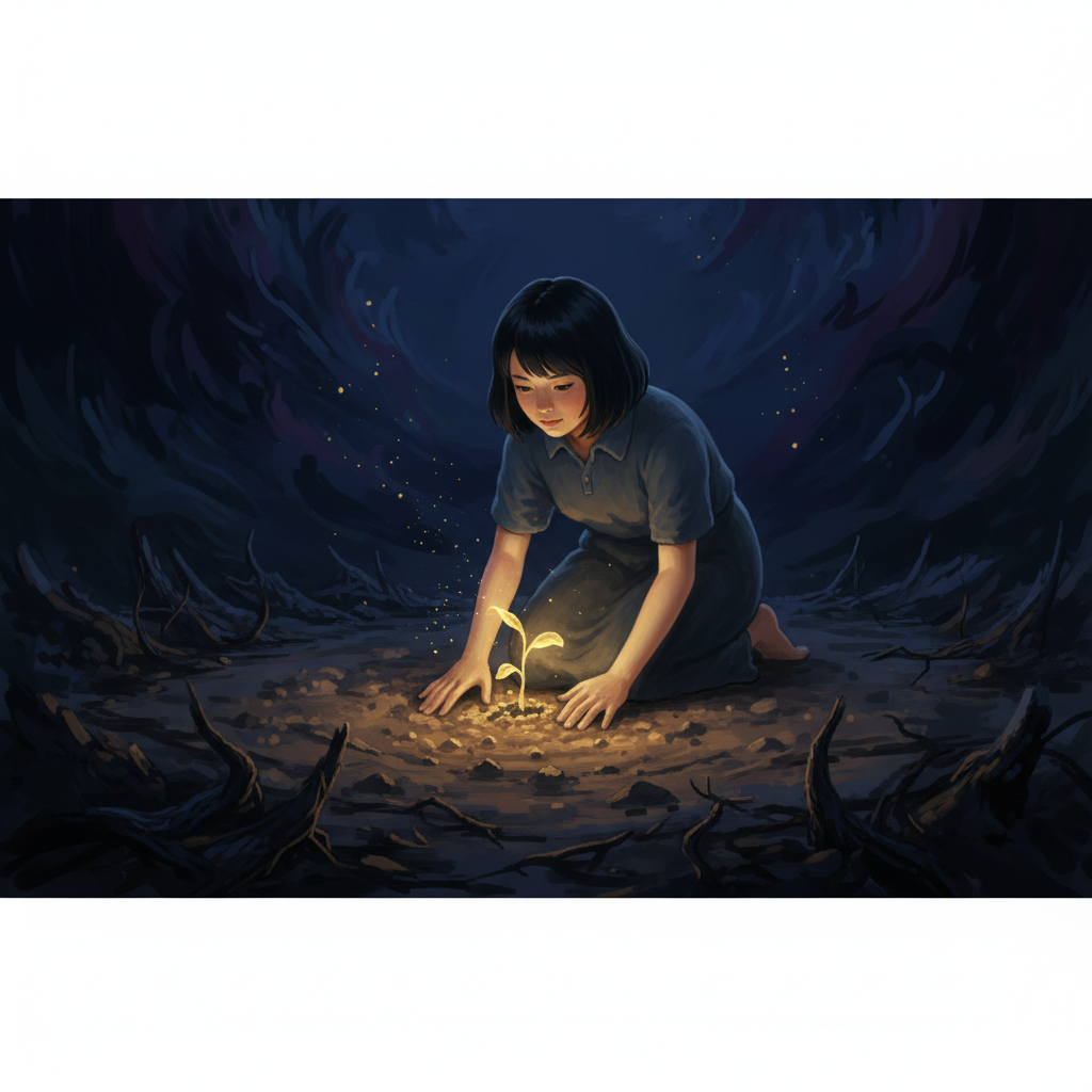 Young woman planting a glowing seedling on cleared ground — starting from scratch, building something real